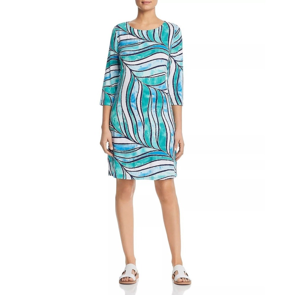 Tommy Bahama Batiki Tiki Teal‎ Tropical Leaf Print Jersey Knit Dress Size Medium